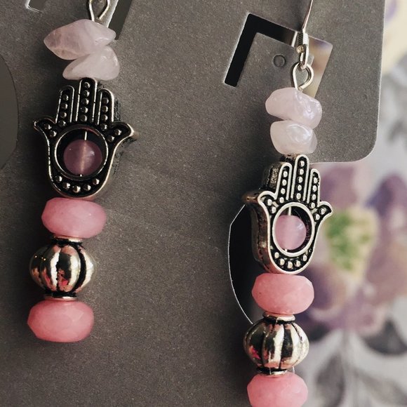 Rosey Transition - Rose Quartz raw stones stacked - Hand of Hamsa Earrings - Picture 2 of 6